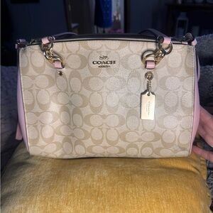 Coach Etta Carry all Signature Tote in Beige with Pink Trim gold hardware